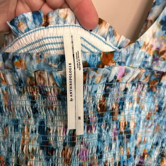 By Anthropologie Blue Floral Short-Sleeve Smocked Babydoll Midi Dress Size 3X - Picture 6 of 10